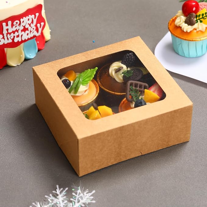 Tuck-Free Cookie Boxes with Window 24 Pack - 6x6x2.5 IN Cardboard - Pastry Containers & Cupcake Box for Baked Goods Packaging - Easy Assemble Mini Treat Holders,Kraft
