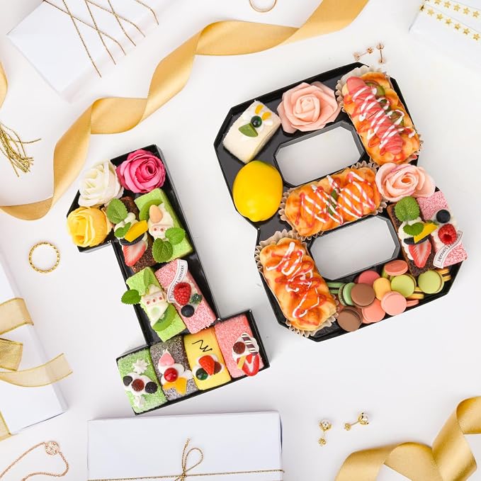Cardboard Number for Charcuterie 18 Set Fillable Tray 10.2'' Black Charcuterie Paper Box for 18th Birthday Anniversary Party Decorations Chocolate Candy Cupcake Container