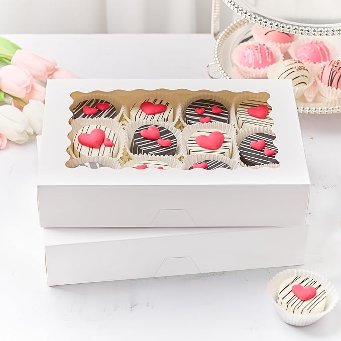 Kucoele Bakery Boxes with Window, 12x8x2.5 Inches, 30 PCS, White | Auto-Popup, Pastry Boxes, Treat Boxes, For Chocolate Covered Strawberries, Cookies, Muffins, Donuts, Breakable Hearts