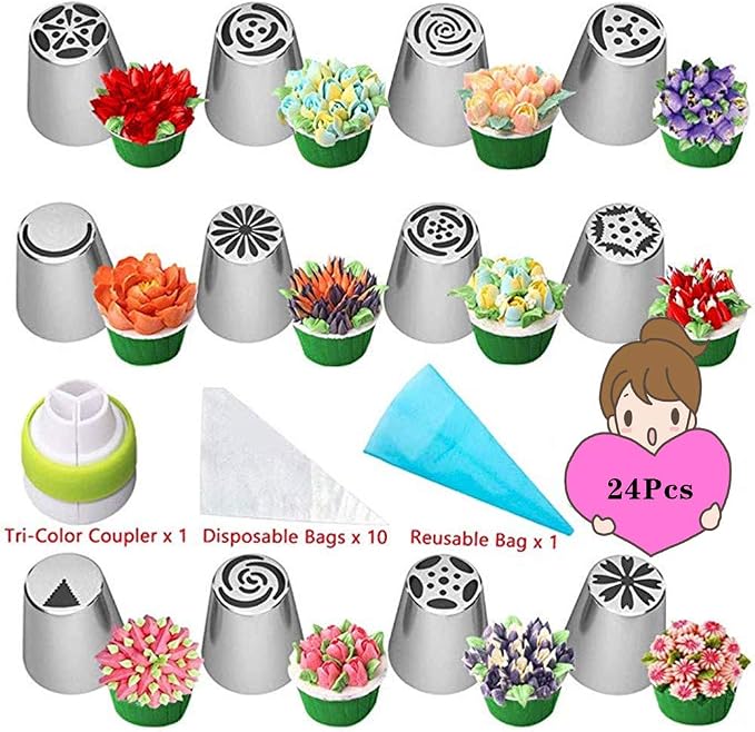 Russian Piping Tips Set, 24pcs Supplies Kit, Icing Nozzles Flowers Shaped, Frosting Bags and Tips Baking Supplies (24pcs)