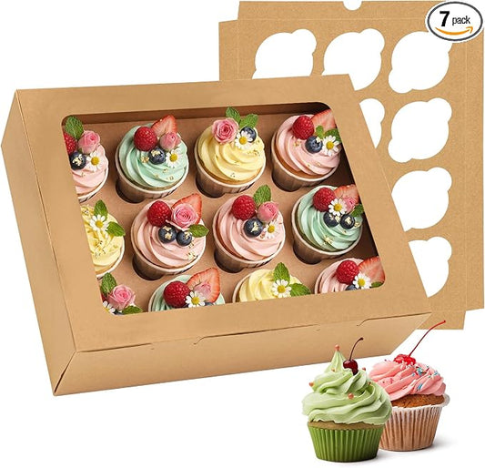 Moretoes 7 Pack Auto-popup Cupcake Boxes Hold 12 Standard Cupcakes, Cupcake Containers with Window and Inserts, Bakery Supplies for Muffins Cookies Treats Dessert (Brown)