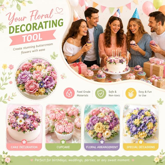 7 Pcs Large Russian Piping Tips Set, Stainless Steel Flower Frosting Nozzles, One-Press Cake Decorating Tips for Buttercream, Cupcakes, Cakes– Dishwasher Safe