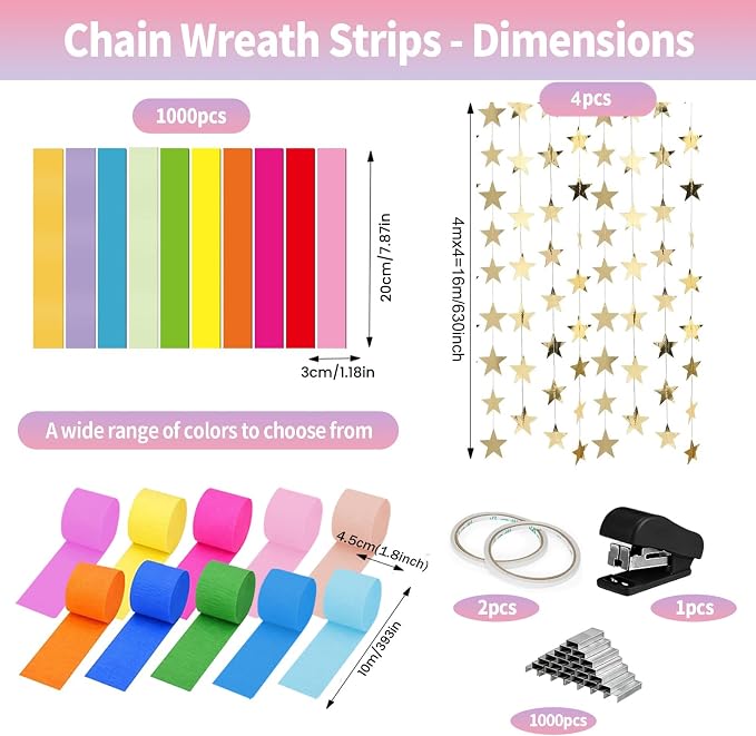 1000 Sheet Paper Chain Garland Strips Set with 10 Rolls Crepe Paper Streamers & 52.8ft Gold Star Garland,DIY Construction Paper Chain Kit for Birthday, Wedding, Classroom, Party Decorations (Rainbow)