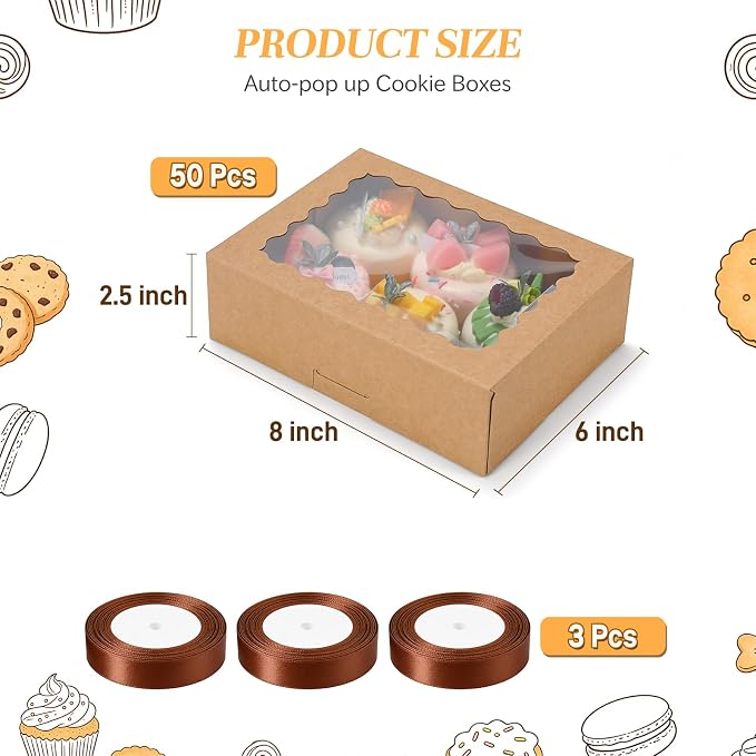 COTOPHER Auto Pop Up Cookie Box with Window 8x6x2.5 Inches – 50 Pack Brown Bakery Boxes with Ribbon for Birthday Party Favors, Wedding, Christmas Gift Packaging for Cookies, Candy, Macarons