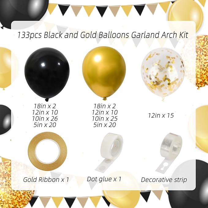 RUBFAC 130pcs Black and Gold Balloons, Black Metal Gold and Metallic Confetti Gold Balloons for 2026 New Year Graduation Class Decorations Retirement Party Baby Shower Wedding Birthday Anniversary