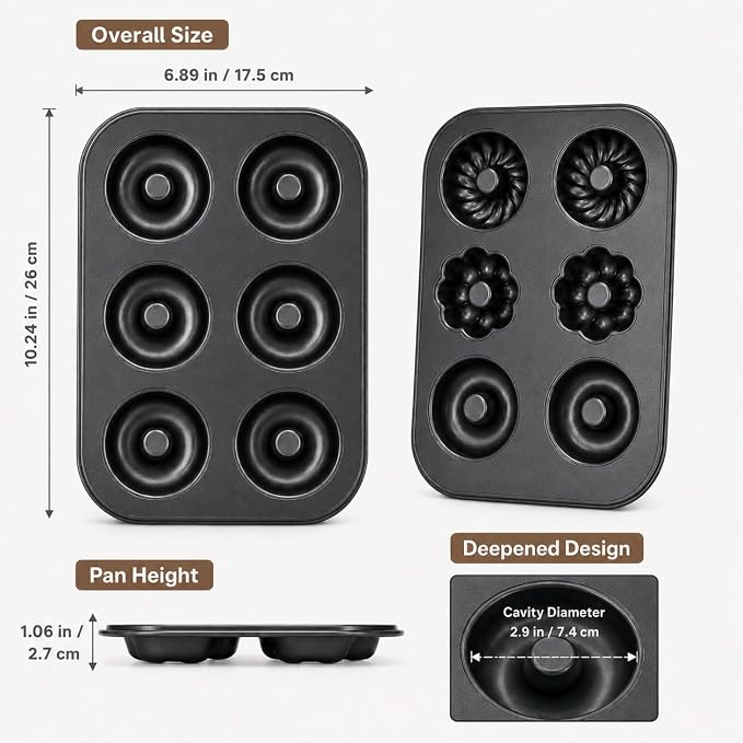 Donut Pan for Baking, 2 Pack 6-Cup Flower Shaped Doughnut Mold, 12 Cavity Bakeware for Homemade Donuts, Cakes, Bagels and Breakfast Treats Black