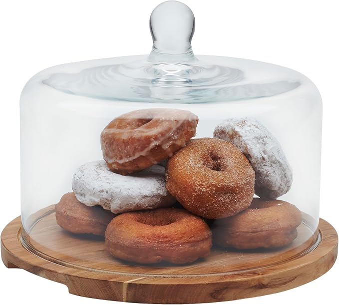 Libbey Acacia Wood Cake Stand with Lid, Ball Top Handle Cake Holder with Lid, Covered Pastry Holder, Durable Glass Dome Cover