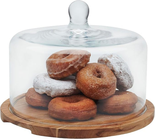 Libbey Acacia Wood Cake Stand with Lid, Ball Top Handle Cake Holder with Lid, Covered Pastry Holder, Durable Glass Dome Cover