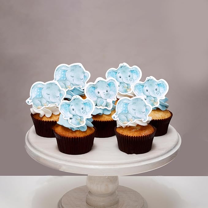 60 PCS Edible Blue Elephant Cupcake Toppers It's a Boy Baby Shower Cupcake Picks Edible Elephant Cake Decorations for Elephant Theme Baby Shower Kids Boys Birthday Party Food Decorations Supplies