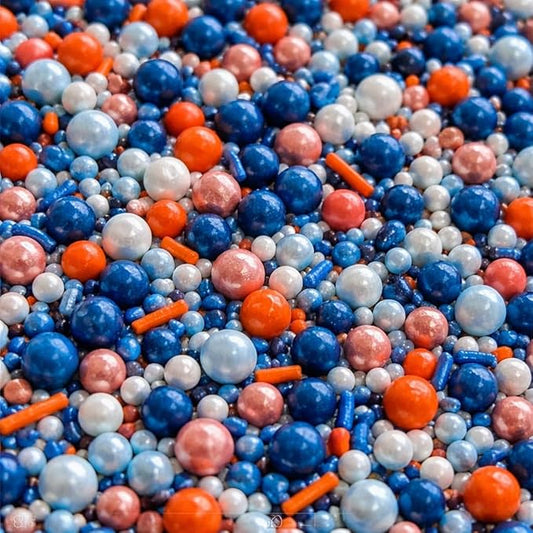 Confect Citrus Blue Celebration Sprinkle Mix – Premium Dragees & Jimmies | Orange, Baby Blue & Navy | Bake Stable Cake & Cupcake Toppings 4.2 Oz