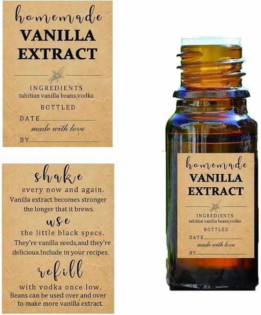 48 Pack Kraft Homemade Vanilla Extract Stickers 1.5×2 inch Square Personalized Vanilla Instruction Labels for Handcrafted Bottles,Jar Kitchen Pantry