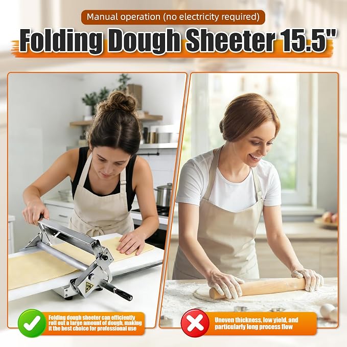 Folding Dough Sheeter (15.5")，Folding Dough Rolling Machine，Manual Dough Sheeter，Stainless Steel Dough Machine With 55 Adjustable Thicknesses, Commercial Grade Capacity (1 Rolling Surface)