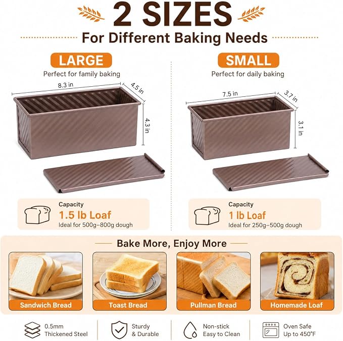 Pullman Loaf Pan with Lid 2 Pack, Carbon Steel Nonstick Bread Baking Pans with Sliding Lid, Gold Toast Mold for Sandwich Bread and Square Loaf, Small and Large Sizes, Oven Safe to 446°F