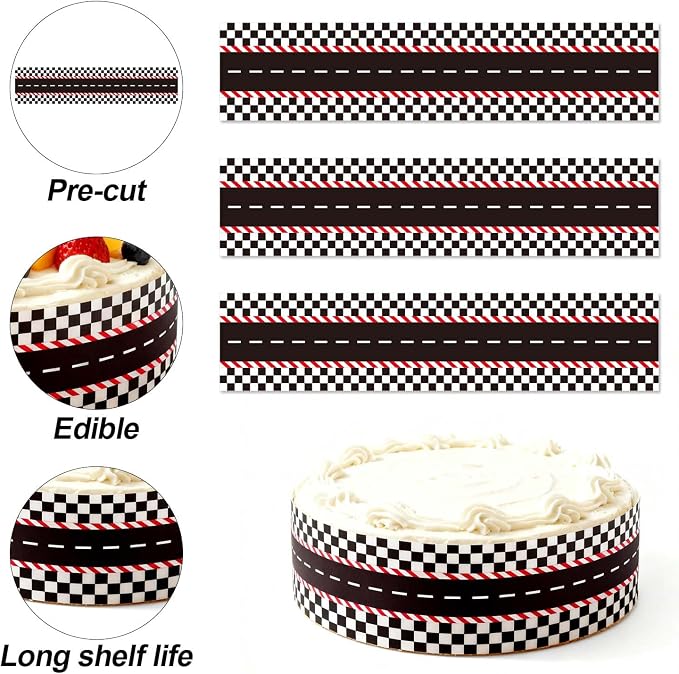 3pcs Racing Theme Edible Cake Borders, Birthday Cake Borders Decor Edible Car Border Strips for Birthday Creative Decorations Supplies for Parties (Racing Track Style)
