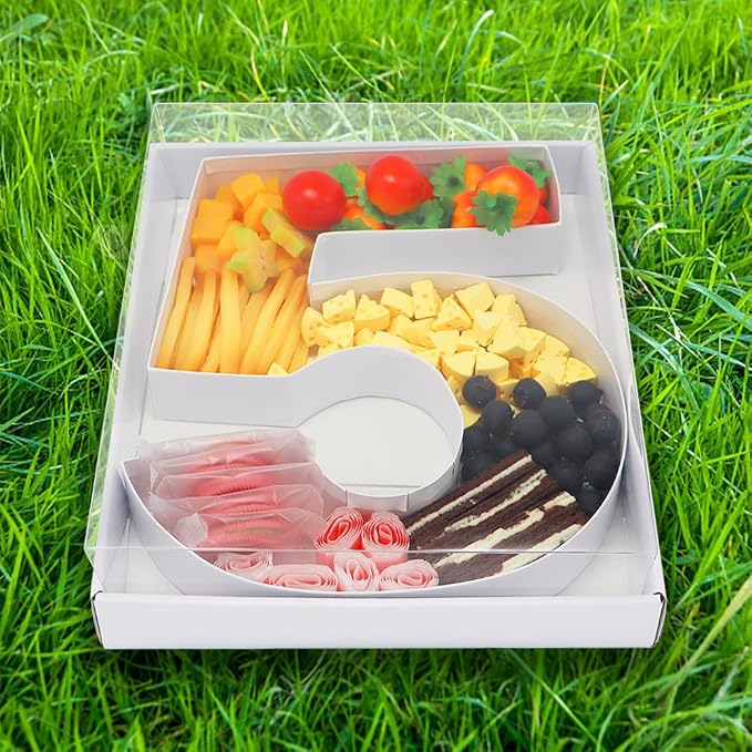 WENPACK 12.5" Cardboard Number Shaped Mache Decorative Charcuterie Board Fillable Sweets Candy Box with Clear Lid (White, 5)