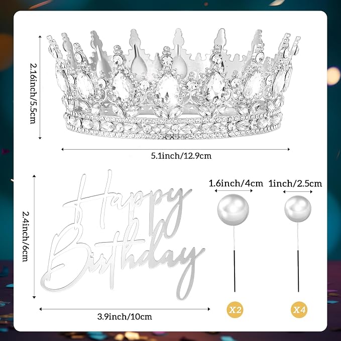 8 Pcs Silver Queen Crown Cake Topper, Happy Birthday Cake Toppers Foam Balls Rhinestone Crystal Tiara Wedding Decoration for Princess Party Photo Props for Women Princess