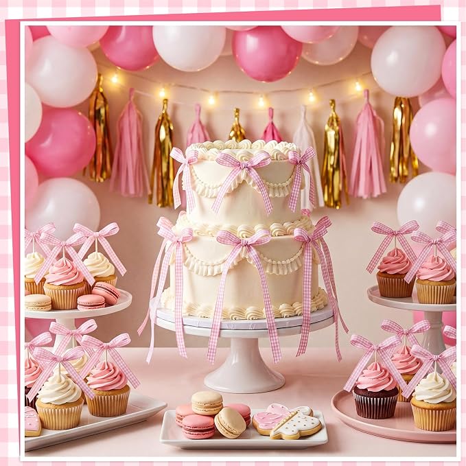 30 PCS Bow Cupcake Topper Pink Gingham Ribbon Bows for Cake Handmade Bow Birthday Decorations for Weddings, Baby Showers, Wedding, Engagements and Dessert Tables