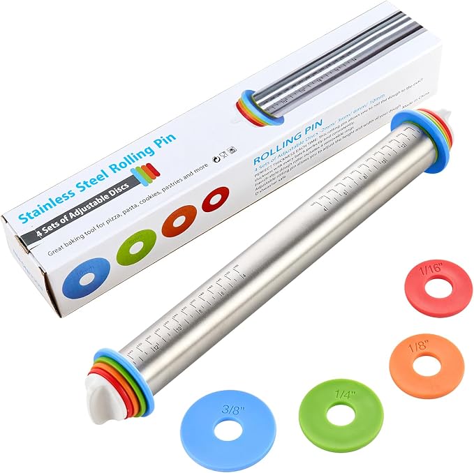 Adjustable Rolling Pin for Baking, with Thickness Rings Stainless Steel Dough Roller Pins for Pasta, Pizza, Pie Crust, Pastry and Cookie Making