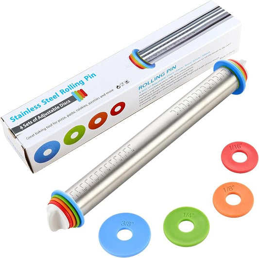 Adjustable Rolling Pin for Baking, with Thickness Rings Stainless Steel Dough Roller Pins for Pasta, Pizza, Pie Crust, Pastry and Cookie Making