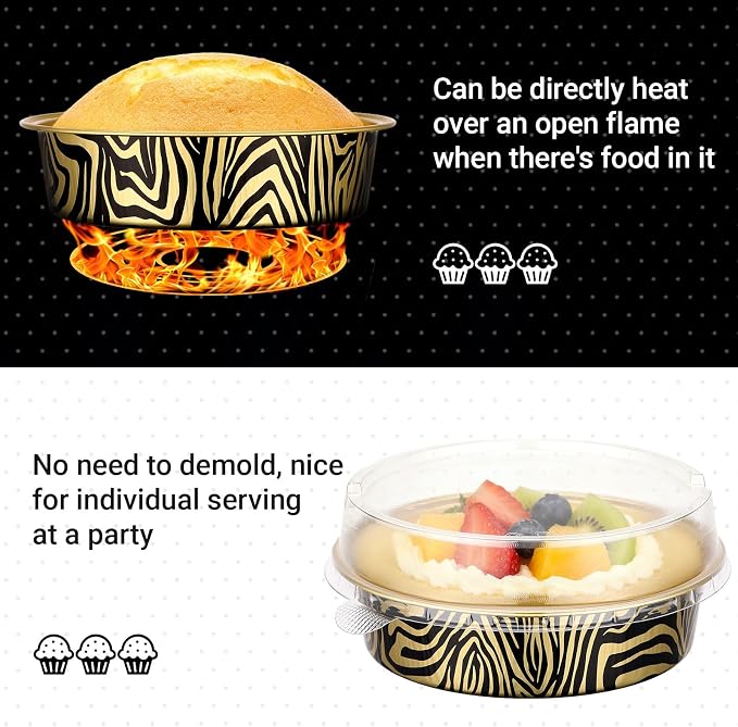Beasea 4 Inch Pie Tins with Lids, 50 Pack 7.3 Oz Disposable Mini Tart Tins, Aluminum Foil Baking Tins Small Round Muffin Container Mini Cheesecake Cups for Pie Tart Quiche - Tiger Stripes