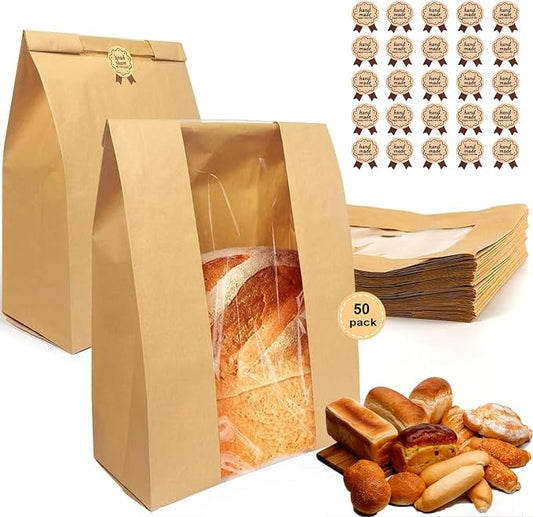50 Pack thicker Large Sourdough Bread bags for Homemade Breads(13.7x8.26x3.54in).with Window bags & 75pcs label,for Packaging and Storage of Baked Goods