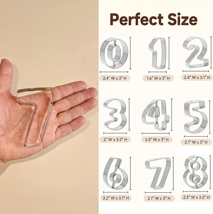 Number Cookie Cutters Set (3 Inch) - Birthday Numbers 0-9 (6 Reverses to 9) - for Baking, Fondant, Biscuits, and Kids' Lunch Sandwiches. 9 Pieces.