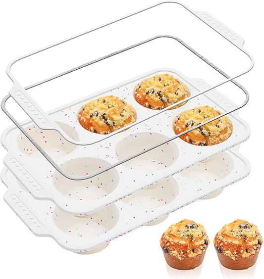 Vinino 2-Pack Silicone Jumbo Muffin Pan for Baking with Metal Reinforced Frame, 6 Cups Jumbo Cupcake Pan with Non-Slip Handle, Nonstick Muffin Tray for Oven, BPA Free, Dishwasher Safe