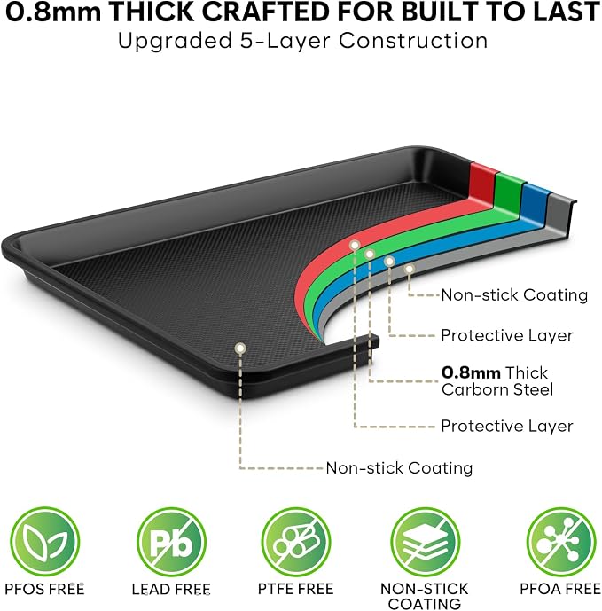 2 Pack Half Sheet Pan 17.3” x 13.1”, Cookie Sheets for Baking 0.8mm Thick Non Stick Baking Sheets for Oven Heavy Duty Baking Trays