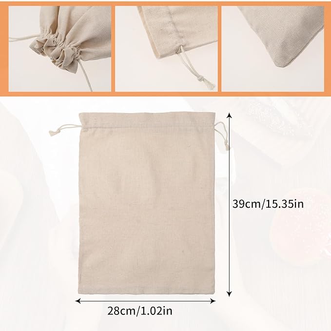 Linen Large Drawstring Storage Bags, 2Pcs Reusable 12 x 16 in Cotton Bread Bags Keeps Bread Fresh for Dinner Party & Bakery