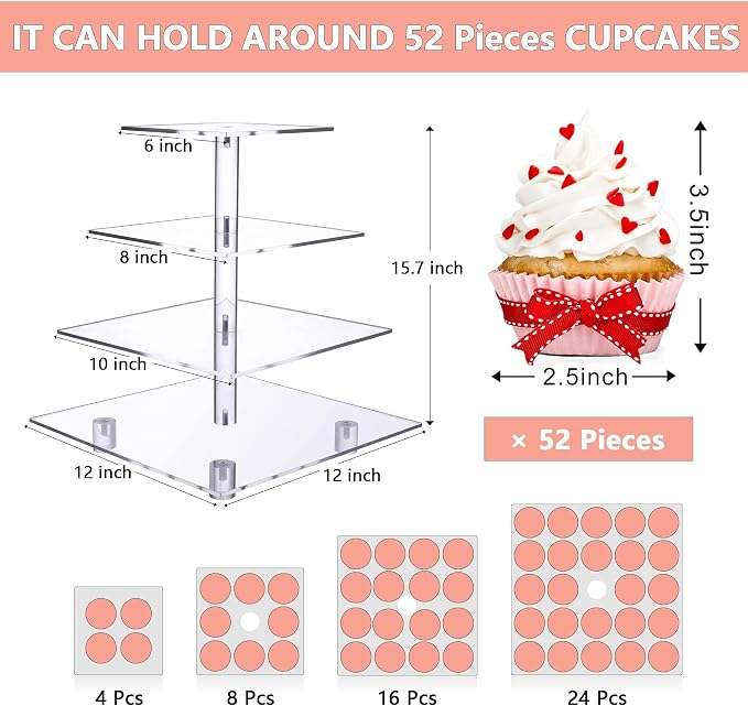 Cupcake Stand, 4 Tier Cupcake Stand for 50 Cupcakes, Square Tiered Cupcake Tower, Clear Acrylic Cupcake Holder, Dessert Stands for Party, Wedding, Birthday, Baby Shower, Halloween