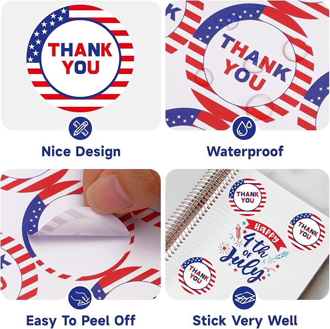 Anwyll American Thank You Stickers - USA Patriotic Thank You Stickers for Small Business 480Pcs 1.5Inch 4th of July Thank You Sticker for Packaging Self-Adhesive Independence Day Thanks Seal Sticker