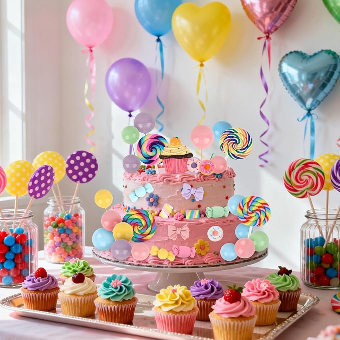 33PCS Candyland Cupcakes Toppers Candy Cake Topper with Donut Lollipop Candy Cakes Colorful Candyland Cake Decoration for Kids Sweet Themed Birthday Party Supplies