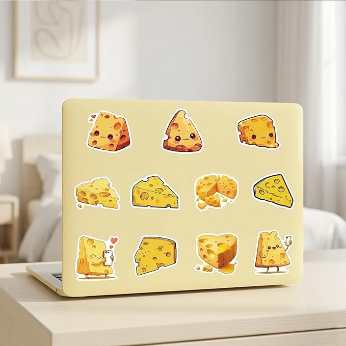 50 Pcs Cheese Stickers for Scrapbooking, Waterproof Vinyl Cute Kawaii Food Stickers for Laptops Water Bottles Journals, Fun Cheese Slice Decals for Kids Teens Adults