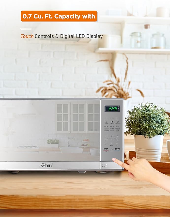 Commercial Chef 0.7 Cu. Ft. Countertop Microwave Oven, Touch Controls with Digital LED Display, 700W Microwave with 10” Turntable Plate, Push Button Door, 10 Power Levels, CHM7MS, Stainless Steel