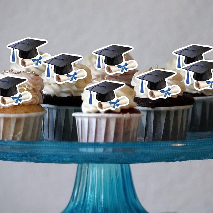 48pcs Edible Graduation Cap Cupcake Toppers Wafer Paper Blue Grad Cap Diploma Cake Decorations Edible Grad Cap Cupcake Picks for 2026 Graduation Theme Party Cake Decor Supplies