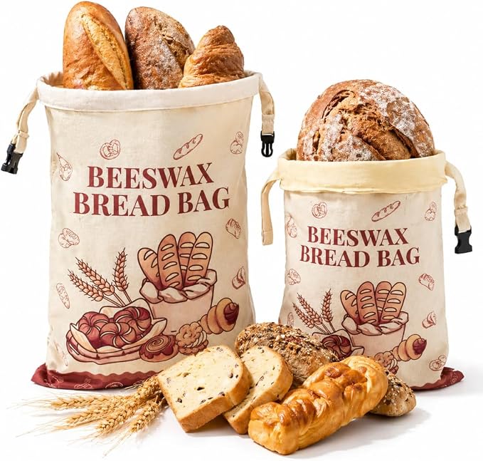 Bread Bags for Homemade Bread - 2 Pack XL Reusable Organic Beeswax Linen Cotton Sourdough Bread Bag, Eco-Friendly Bread Storage Bags with Sealing Zip to Keep Fresh, Perfect for Artisan & Bakery Bread