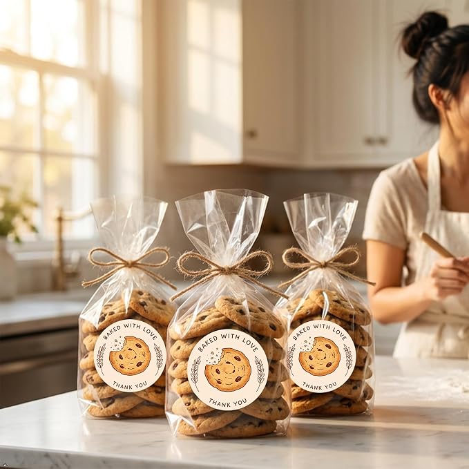 Louise Maelys 120 Pcs Baked with Love Stickers- 1.5 Inch Round Thank You Sticker with Cookie Pattern Labels for Bakery Packaging, Homemade Treats, Gift, Small Business Packaging or Party Favors