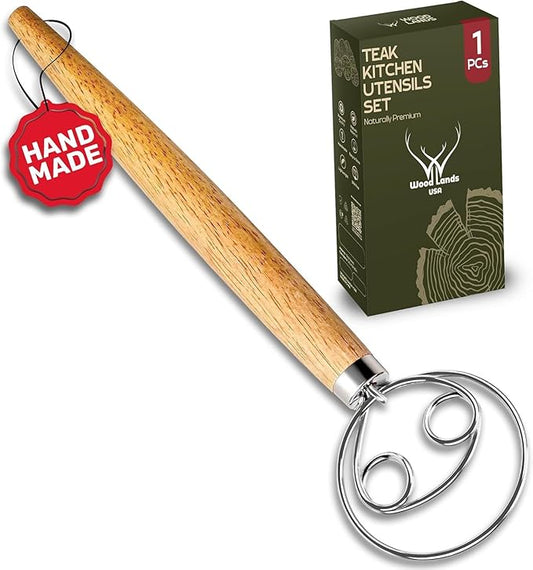 WOODLANDS USA Danish Dough Whisk for sourdough 13 Inch - 304 Stainless Steel Hook with Long Wooden Handle – Essential bread whisk, artisan mixing & bread making