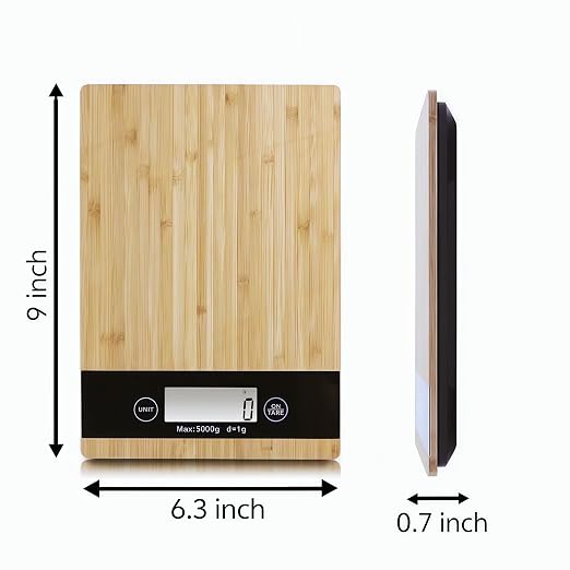Digital Kitchen Scale with Bamboo Surface – 11lb/5kg Capacity, Touch Buttons, Tare Function, LCD Display, Auto-Off