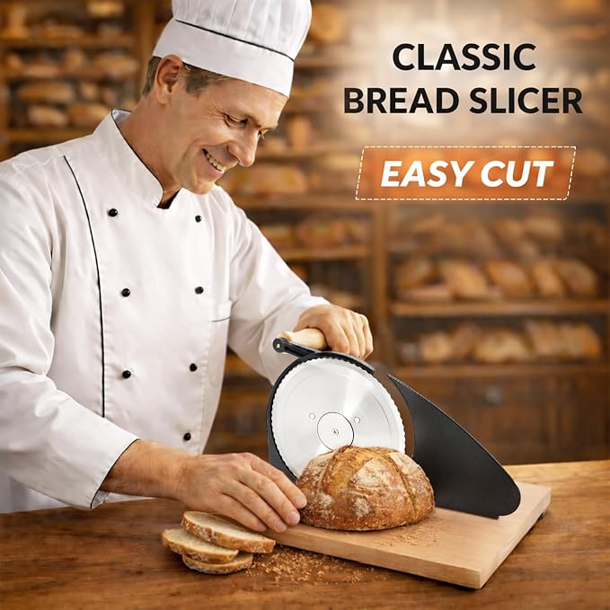 Manual Bread Slicer for Homemade Sourdough Bread, Adjustable Thickness Hand Crank Bread Cutter with Scale Lines, Suction Cup Base, Metal Guide & Sharp Stainless Steel Blade (Black)