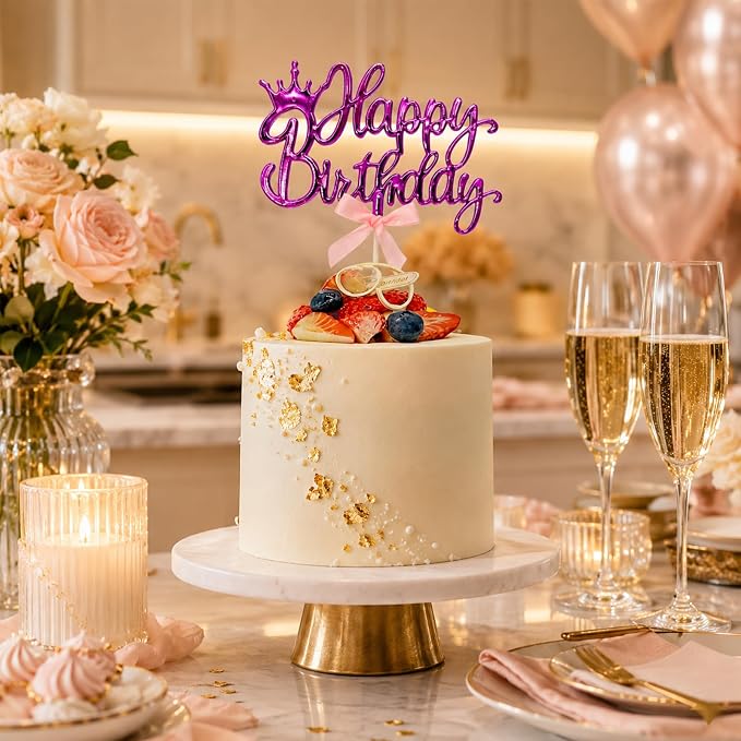 Purple Acrylic Happy Birthday Cake Topper with Crown and Bow | Glossy purple acrylic script with crown and bow adds an elegant finishing touch to birthday cakes and celebration desserts.
