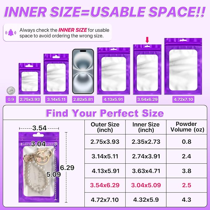 100 PCS Resealable Mylar Bags with Zipper and Frosted Clear Window Smell Proof Bags Packaging Bag Foil Pouch Zipper Bag for Food Self Sealing Storage Supplies (Purple, 3.54x6.29)