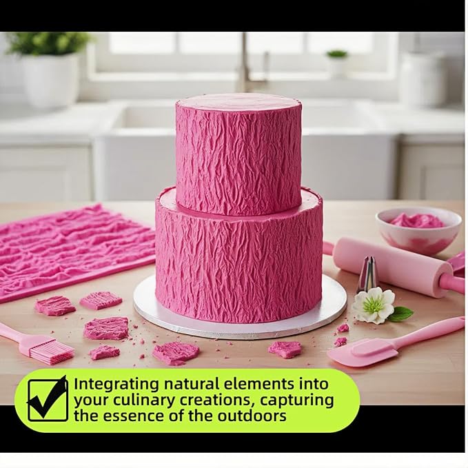 Tree Bark Cake Fondant Mold Tree Stump Fondant Impression Texture Mat Wedding Lumberjack Cake Border Decorating Tool Chocolate Gumpaste Pastry Cake Lace Mold Silicone Mat (Pink)