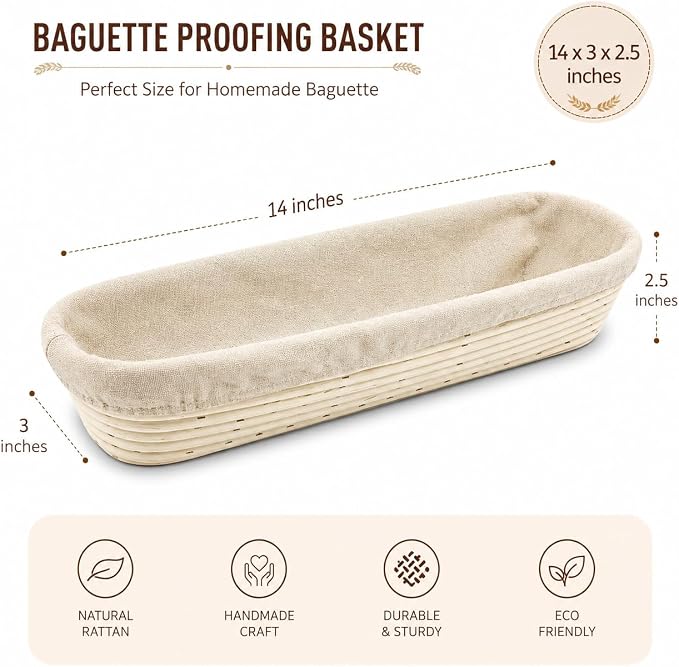 Vollum Banneton Bread Proofing Basket & Liner – Handmade Rustic Sourdough Bread Baking Supplies, Baguette Brotform, Sour Dough Tools, Gifts for Bakers - Rectangular - 13.5 x 3.5 x 2.5"H