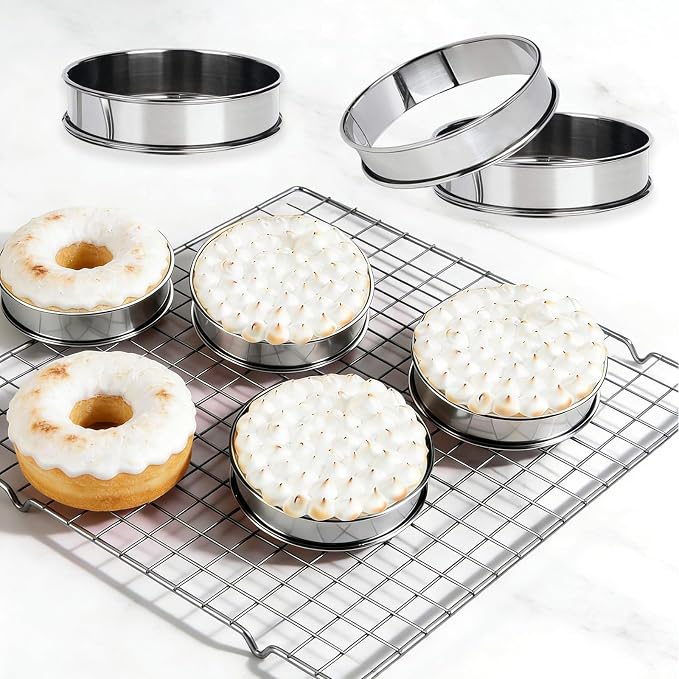 20 Pack English Muffin Rings 3 Inch Stainless Steel Crumpet Rings with Oil Brush, Metal Pastry Ring Mold Double Rolled Tart Rings for Baking Kitchen Food Making