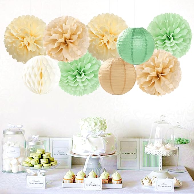 Sage Green-Boho Party-Decorations Paper-Flowers Lanterns - 15PCS Safari Rustic Neutral Baby Shower Tissue Pom Poms Streamers, Champagne Gold Birthday Wedding Graduation Hanging Supplies Decor Hugfond