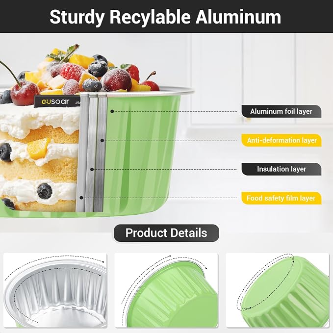 EUSOAR Cupcake Liners for Baking, 50pcs 5oz Muffin Liners, Disposable Foil Ramekins, Dessert Containers, Aluminum Foil Baking Cupcake Cups Holders Pans with Lids 5 Colors Mixed