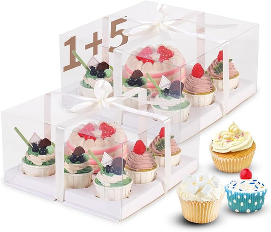 3Pcs Bento Cake Box and Cupcake 1+5 Combination Clear Window Bento Boxes, 6 Holes Bento Vake Box Suitable for 5 Regular Cupcakes and Mini Cakes