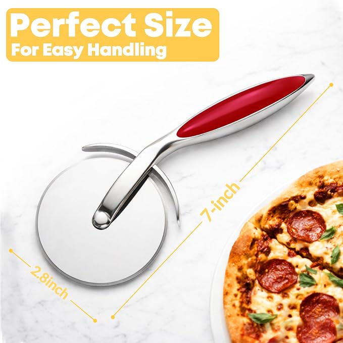 Pizza Cutter Wheel, Sharp Stainless Steel Pizza Slicer with Finger Guard, Non-Slip Comfortable Handle, Multi-Purpose Kitchen Cutter for Pizza, Pie, Dough and Pastry, Easy to Clean,Red