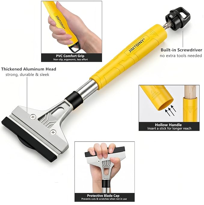 Razor Blade Scraper 4-Inch Floor Scraper Built-in Screwdriver | 21 Blades + Gloves Included, Hollow Handle Extends Reach, Non-slip PVC Grip, Ideal for Glass Stove Floor Paint Removal